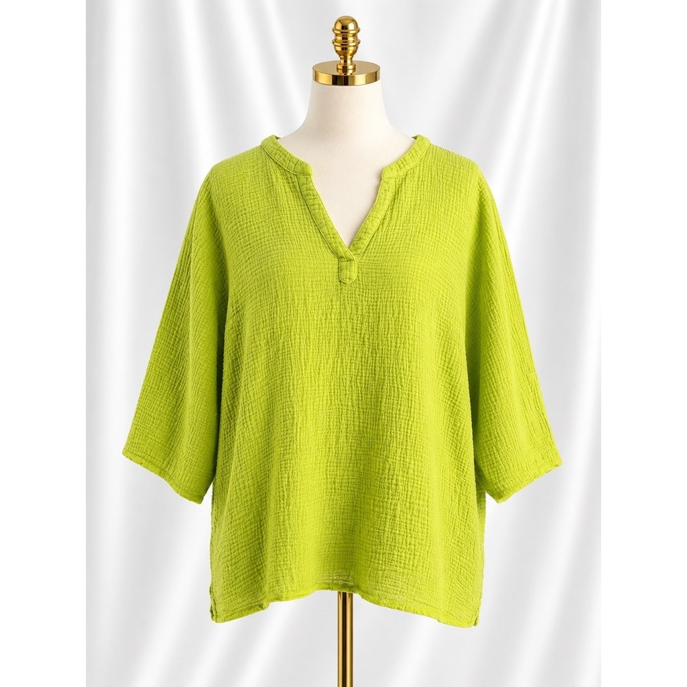 Belle Beach Kim Gravel Cotton Gauze‎ Frayed Edge Top Size M Chartreuse Green